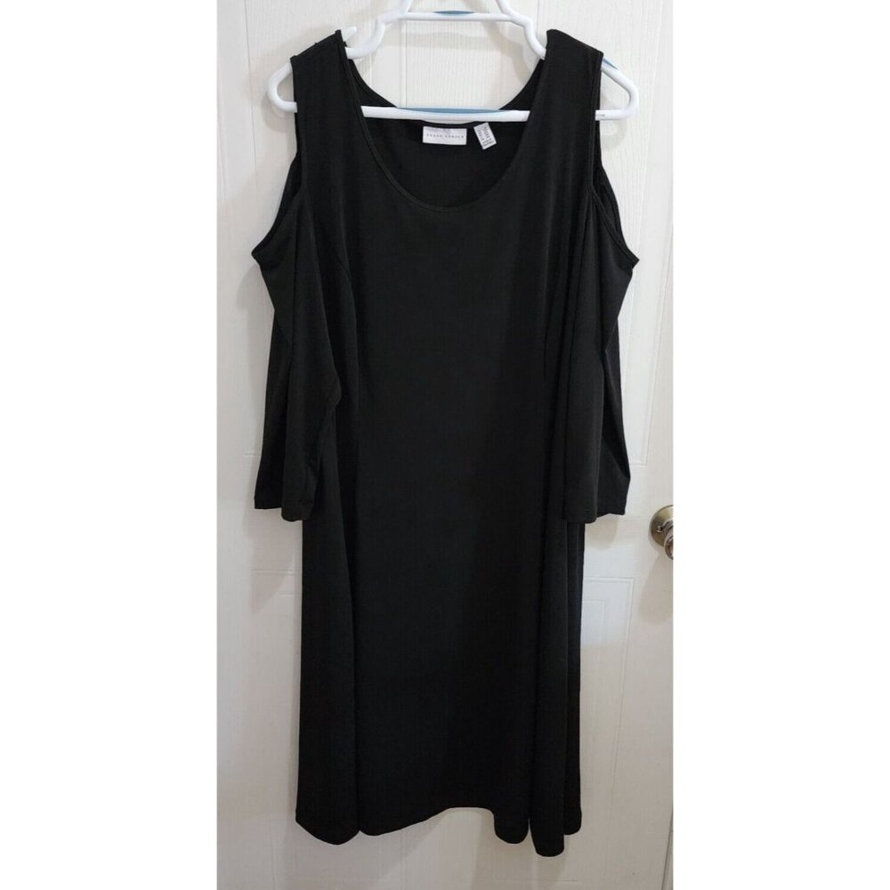 Susan Graver Women's 3/4 Sleeve Cold Shoulder Midi Liquid Knit Dress Black Sz 2X